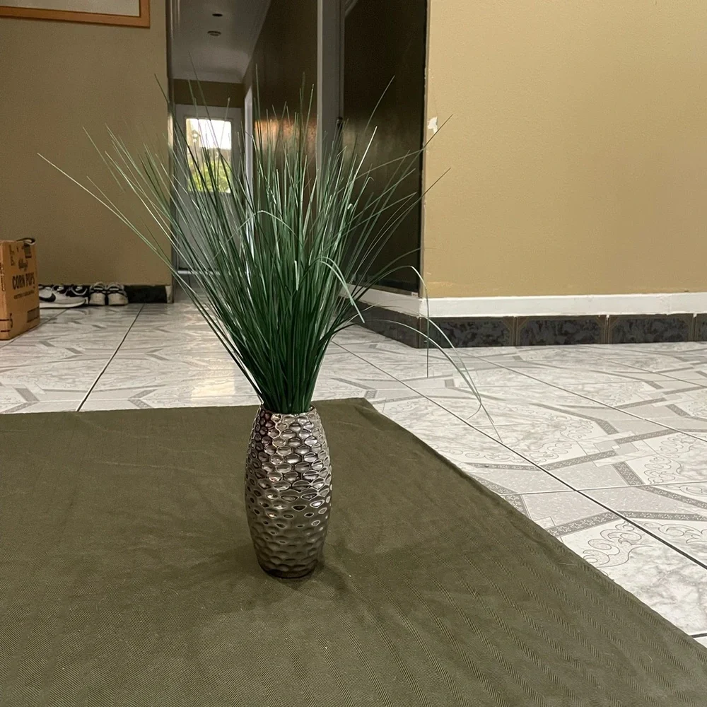 Elegant Silver Vase with Green Artificial Grass